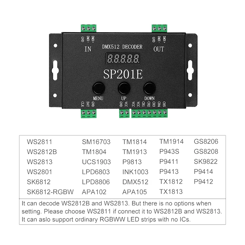 SP201E DMX512 DECODER DC 5-24V DMX Converter Controller DMX512/1990 to SPI Addressable LED 1024 Pixels or PWM 5CH Dimming Signal