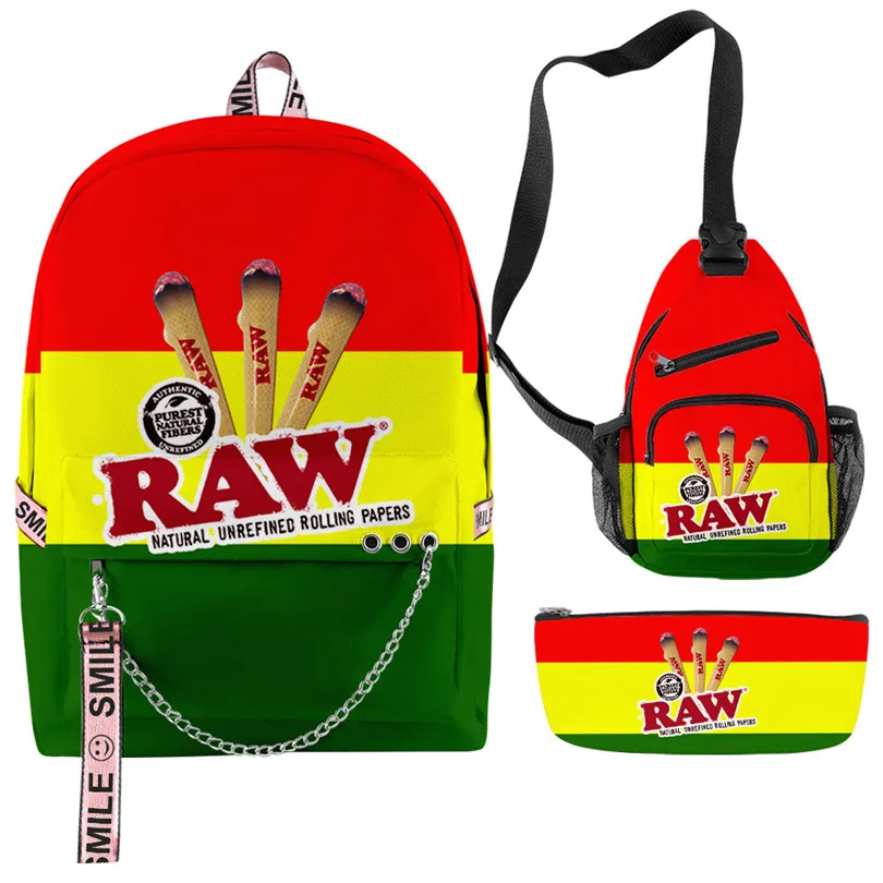 

Hip Hop RAW Natural Rolling Papers Cigar 3D Print 3pcs/Set School Bags multifunction Travel Backpack Chest Bag Pencil Case