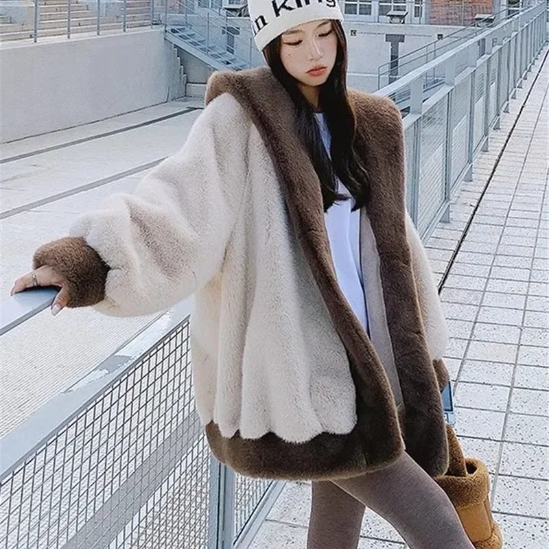 Autumn Winter Mink Fur Coat Women 2024 New Fashion Loose Casual Hooded Cotton Jacket Thicken Warm Pure Colour Outerwear Female