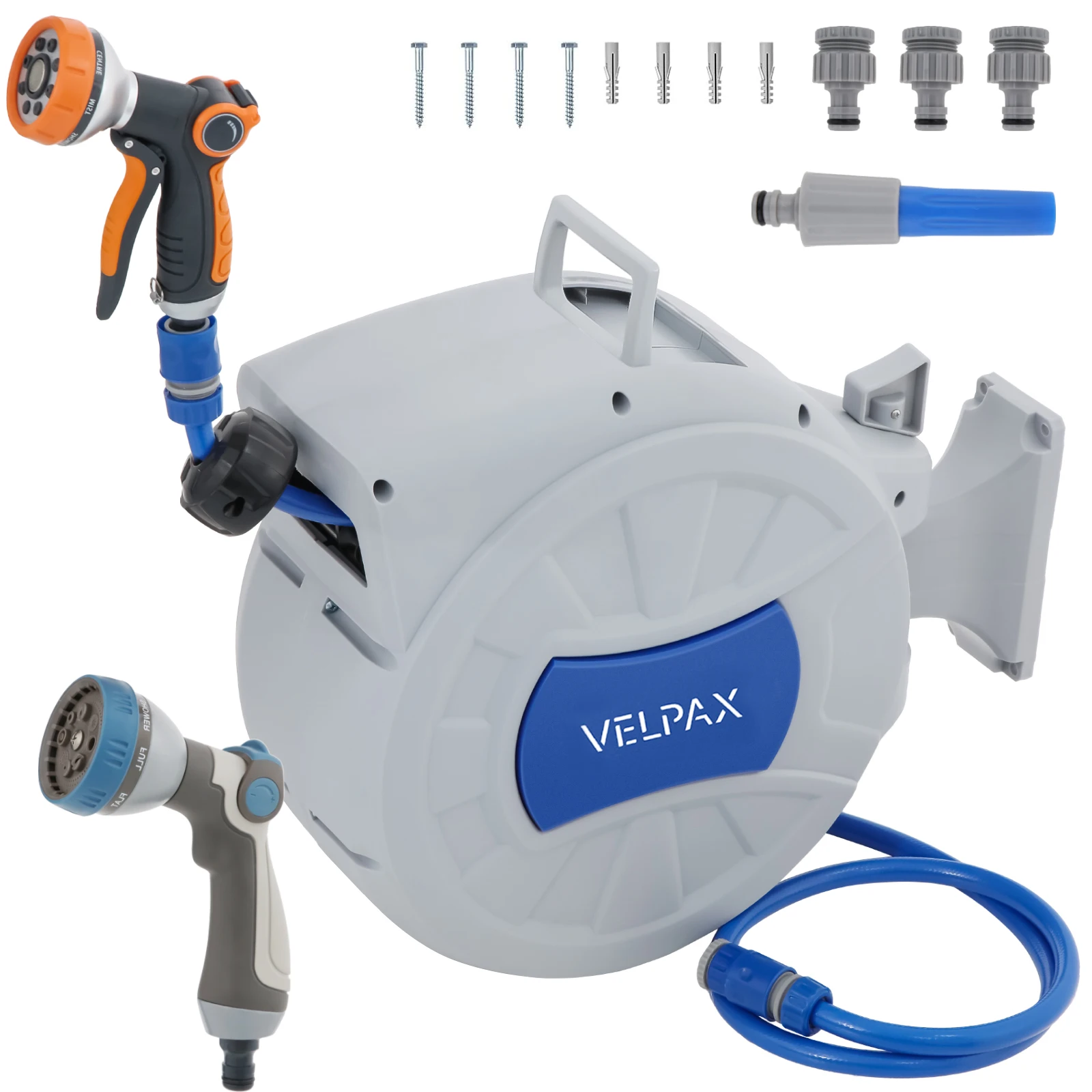 30M Wall-Mounted Garden Hose Reel, with 8-Function Water Spray Gun, 180° Swivel, 2 Nozzles, Auto Rewind