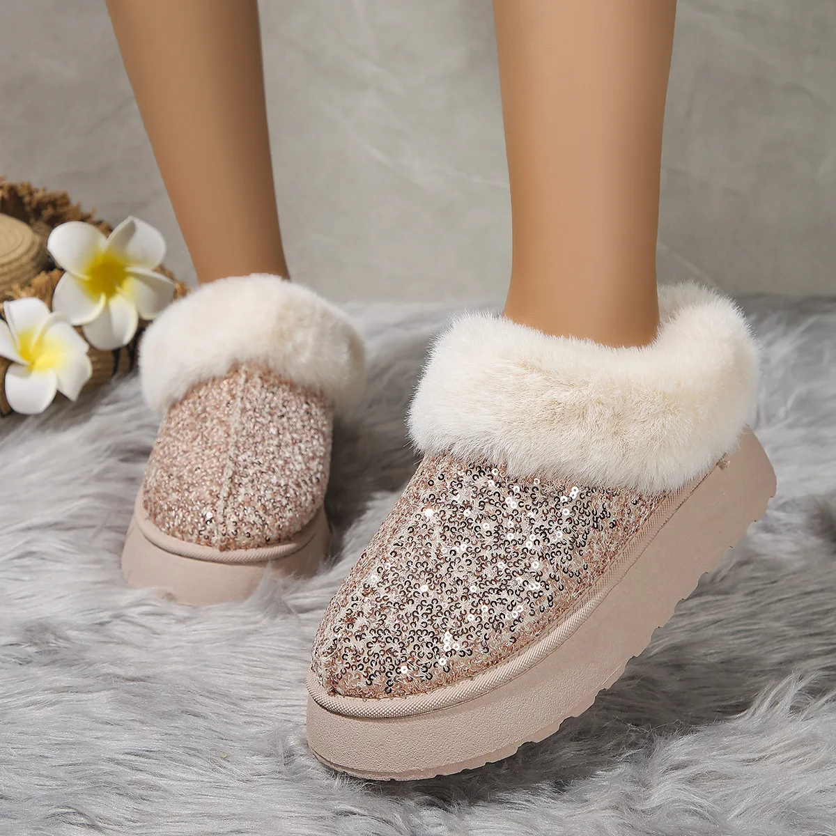 Faux Fur Winter Boots Women 2024 Fashion Sequined Cloth Warm Snow Boots Woman Non-Slip Thicken Plush Ankle Booties Plus Size 44