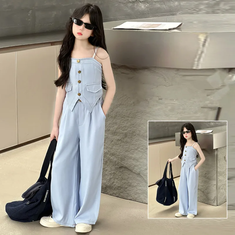 

Children Sleeveless Suit Teenager Girl Outfits Girls Clothes Summer Kids Thin Suspenders Tops & Wide-leg Pants Two Piece Set