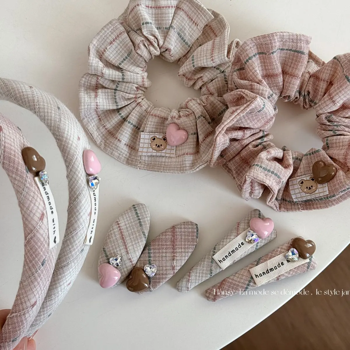 Scrunchie Fine Plaid Fabric Heart Bear Patch Lace Trim Soft Hair Tie for Women Bun Daily Office Travel Home Sweet Premium