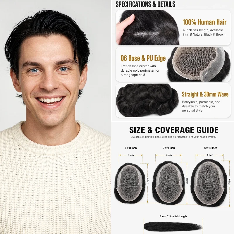 Human Remy Hair Q6 Base Men Toupee 8x10 6inch Straight Lace+PU Hand-Tied Remy Hair In Stock 72H Ship Support Dropship Free Tape