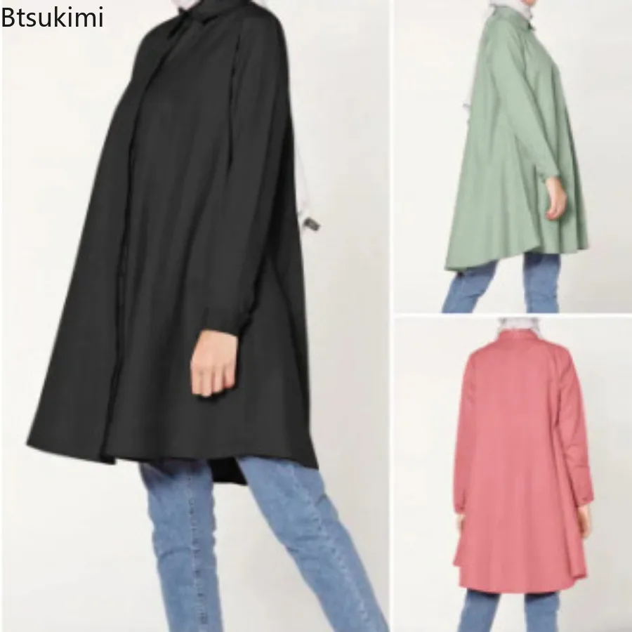 2024 Muslim Fashion Abayas for Women Oversized Solid Loose Casual Cardigan Lapel Button Tops Ladies Modest Blouses Elegant Shirt