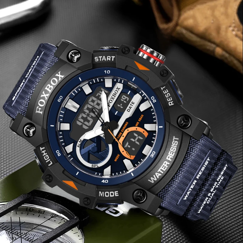 FOXBOX Sport Men Quartz Digital Watch Creative Diving Watches Men Waterproof Alarm Watch Dual Display Clock Relogio Masculino