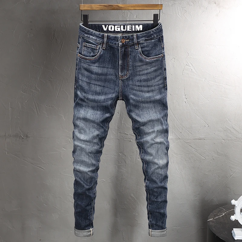 

European Fashion Men Jeans High Quality Retro Washed Blue Stretch Slim Fit Vintage Jeans Men Casual Designer Denim Pants Hombre