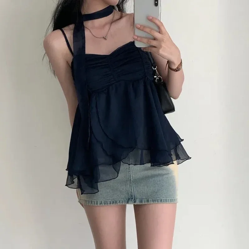 Summer Korean Fashion Sexy Tank Top Loose Women Aesthetic Sleeveless Y2k Sweet Camis Party Female Halter Collar Casual Clothes