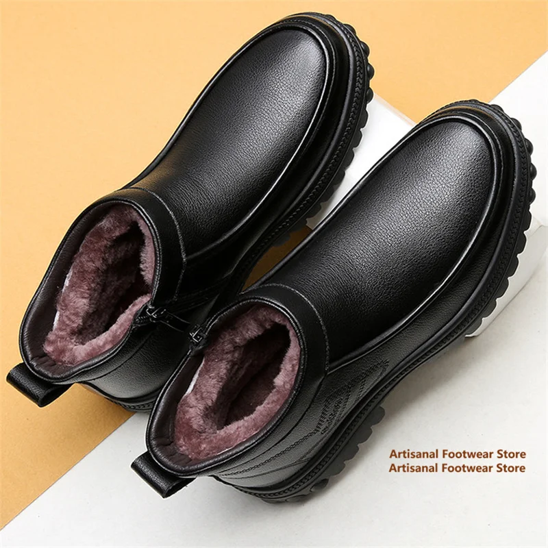 Men's Black Leather Winter Ankle Boots Thick Fleece Lined Side Zipper Anti-Slip Thick Sole Warm Casual Men's Snow Booties