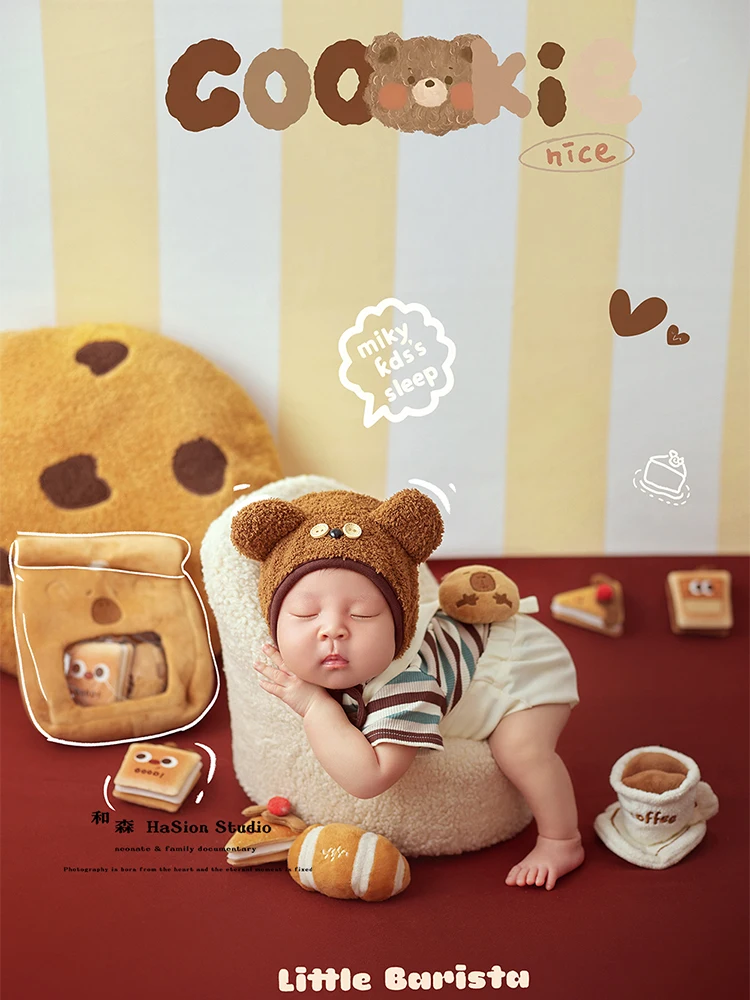 Newborn Photography Props Cookie Theme Bear Costume Set Cookie Pillow+mini Bread Food Dolls for Photo Studio Baby Shooting Props