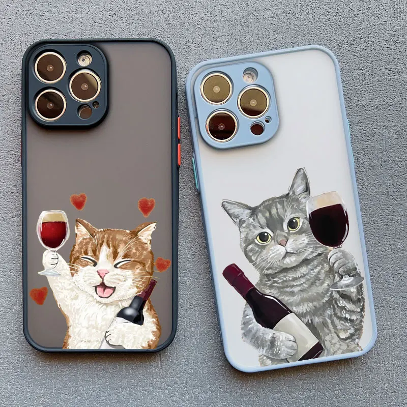 Cute Happy Cat Goblet Red Wine Phone Case For iPhone 15 14 13 Pro Max 16 13 12 11 Pro Max Mini 7 8 15 14 Plus X XS XR Back Cover