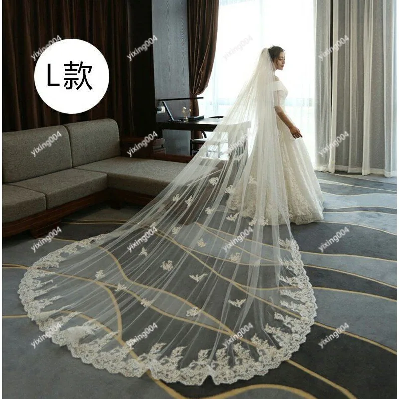 Bridal Long Train Veil, Elegant White Lace Edge Wedding Headwear for Bride Marriage Party