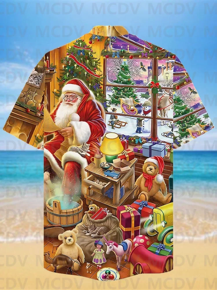 Eye-Catching Christmas Funny Santa Claus And Teddy Bear Xmas Is Coming Art Printing Cuban Collar Hawaiian Short Sleeve Shirt