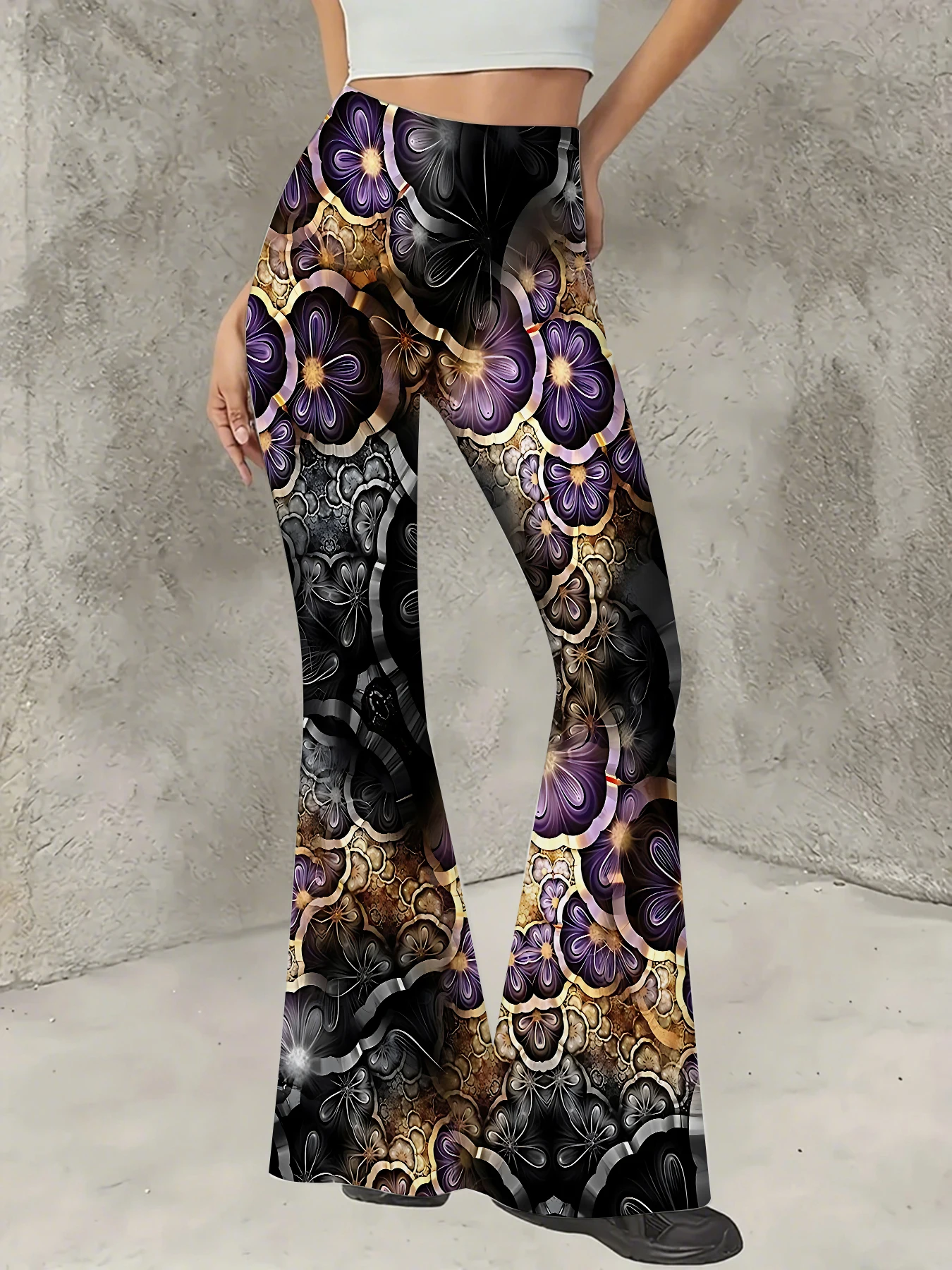 

Korean Style Printed Flare Pants Women High Waist Slim Fit Bell Bottom Leggings