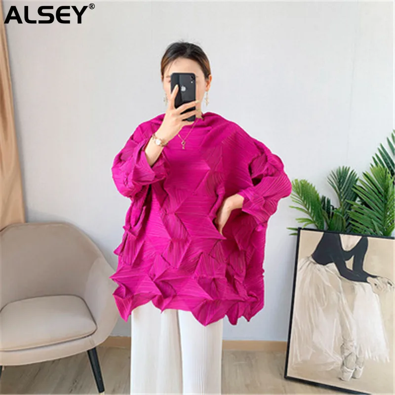 ALSEY Miyake Pleated Diamond Tops Women\'s Summer New Wide Version Long Sleeve Loose Plus Size Mid-length All-match T-shirt