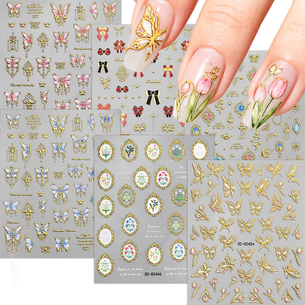 1Pc Gold Pink Blue Butterfly 5D Nail Sticker Bronzing Hollow Metallic Butterfly Bow Adhesive Slider Flower Grass Nail Art Decals