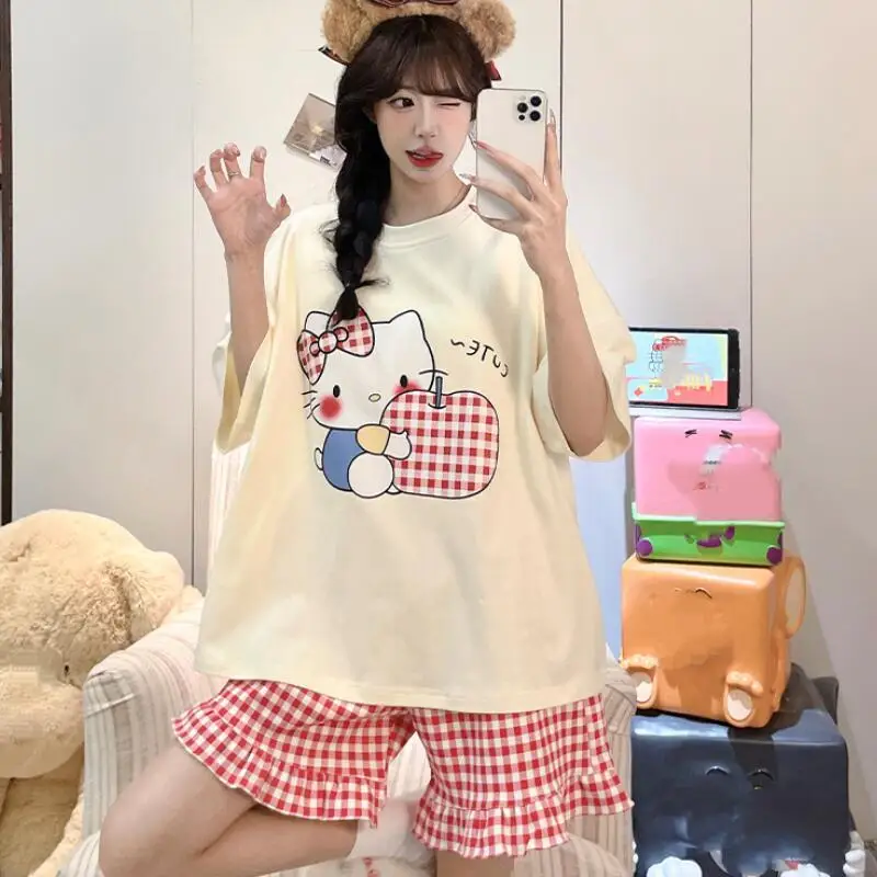 

Модный подростковый домашний костюм свободного кроя: женская пижама с коротким рукавом и шортами в корейском стиле с мультяшным принтом Xia Xin