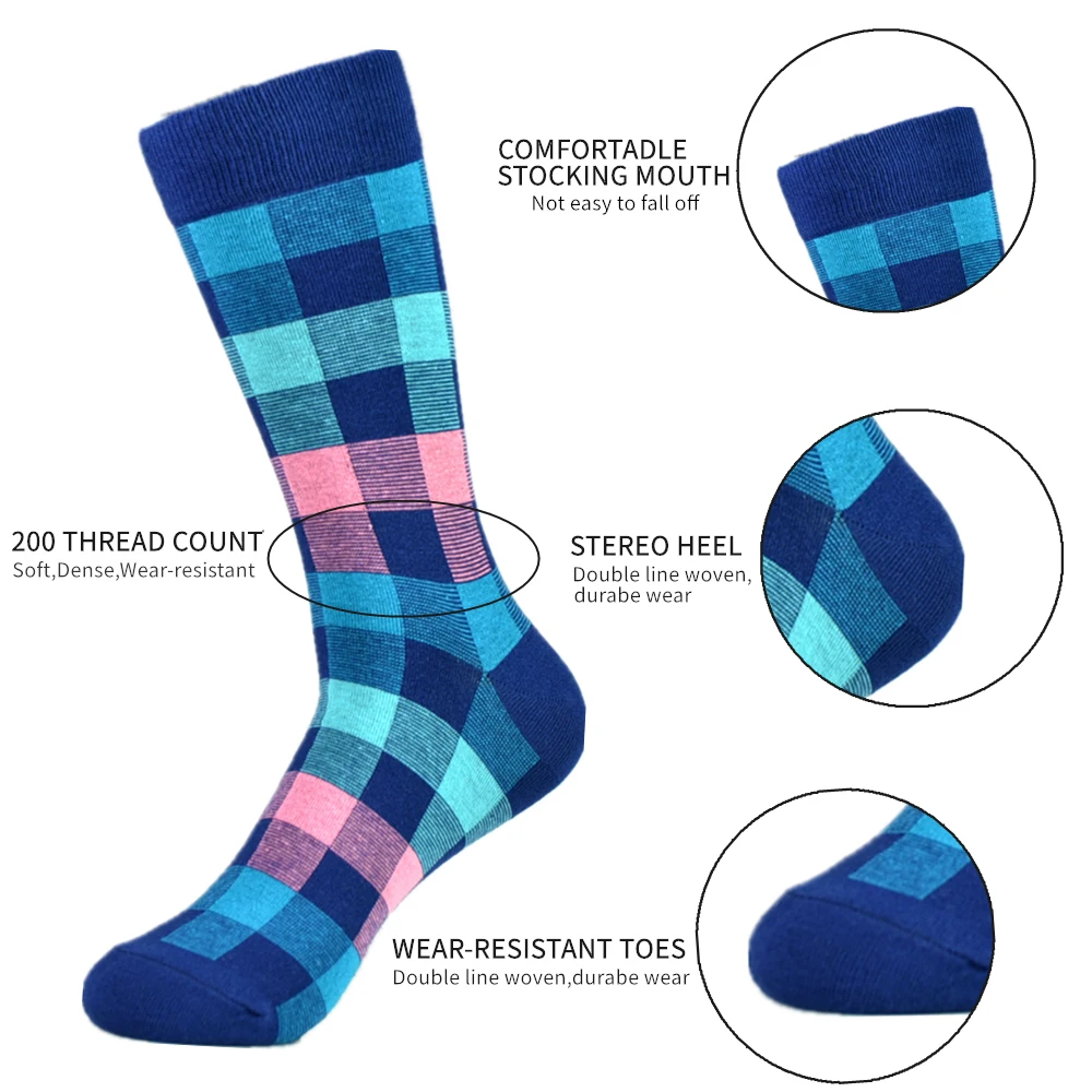 5pairs/set Men\'s Cotton Breathable Colorblock Plaid Crew Socks Casual Socks For All Seasons