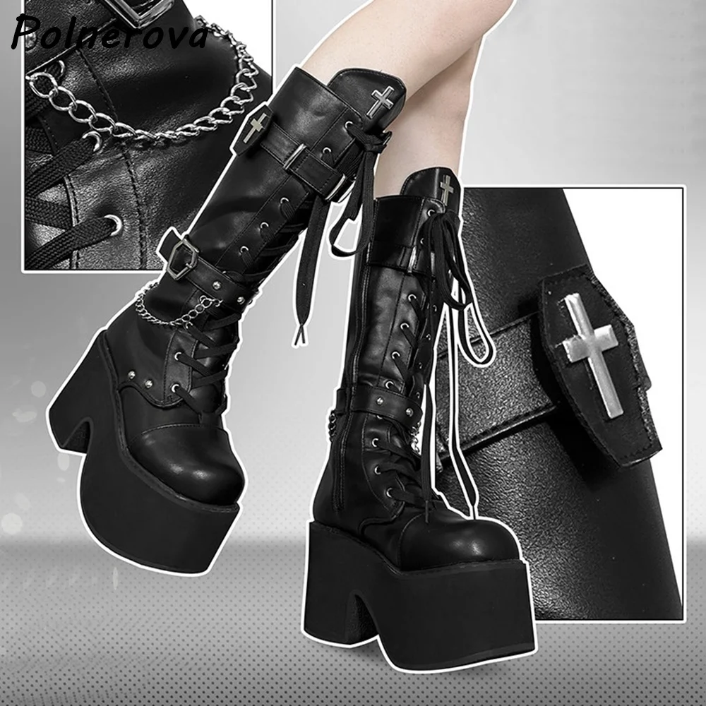 Gothic Cross Buckle Chain Mid Calf Boots Platform Front Lace Up Side Zipper Chunky Block Heel Boots Black White Alt Y2K Shoes
