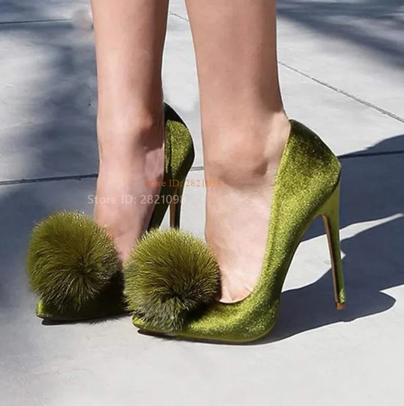 Olive Velvet Pom Pom Pointed Toe Stiletto Heel Pumps Shoes for Women Pointy Slip On Thin High Heels