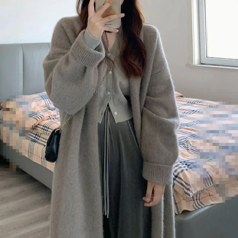 

Autumn Winter Mid-Length Sweater Coat Women'S Loose Lazy Style High-End Design Sense Niche Knitted Cardigan Top