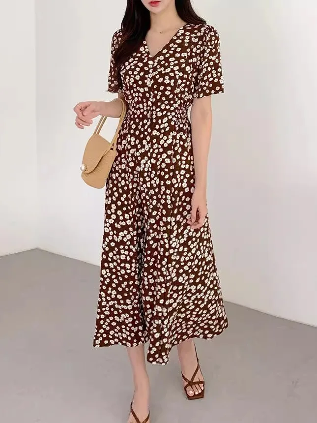 Daisy Floral Print Mujer Dr Cintura elástica Adelgazante Dulce Una línea Falda midi Cintura alta Fibra de poliéster Regular Sve