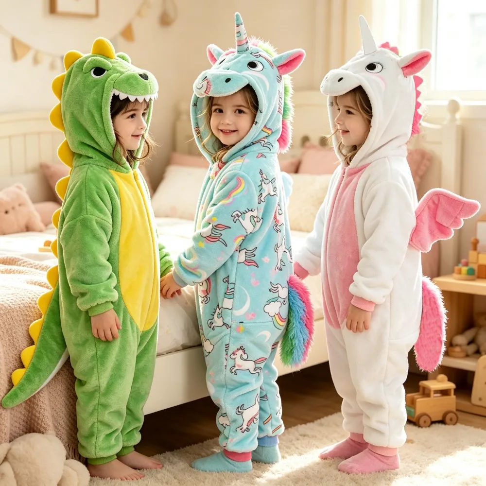 Kids Kigurumi Dinosaur Overalls Toddler Onesies Winter Pajamas Green Yellow Pink Blue White Unicorn Jumpsuits Halloween Costume