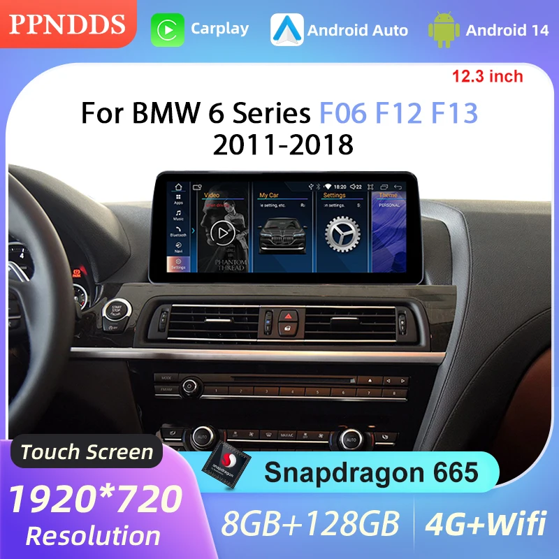PPNDDS 12.3inch Android 14 Autoradio GPS Navigation Wireless Carplay For BMW 6 Series F06 F12 F13 Car Multimedia Player SWC DSP