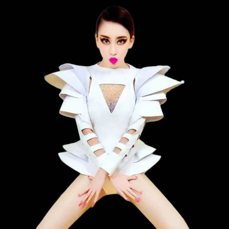 Sexy White Hollow Out Armor Bodysuit Women Jazz Dance Costume Bar Nightclub DJ Singer Group Performance Clothes Gogo Stage Wear