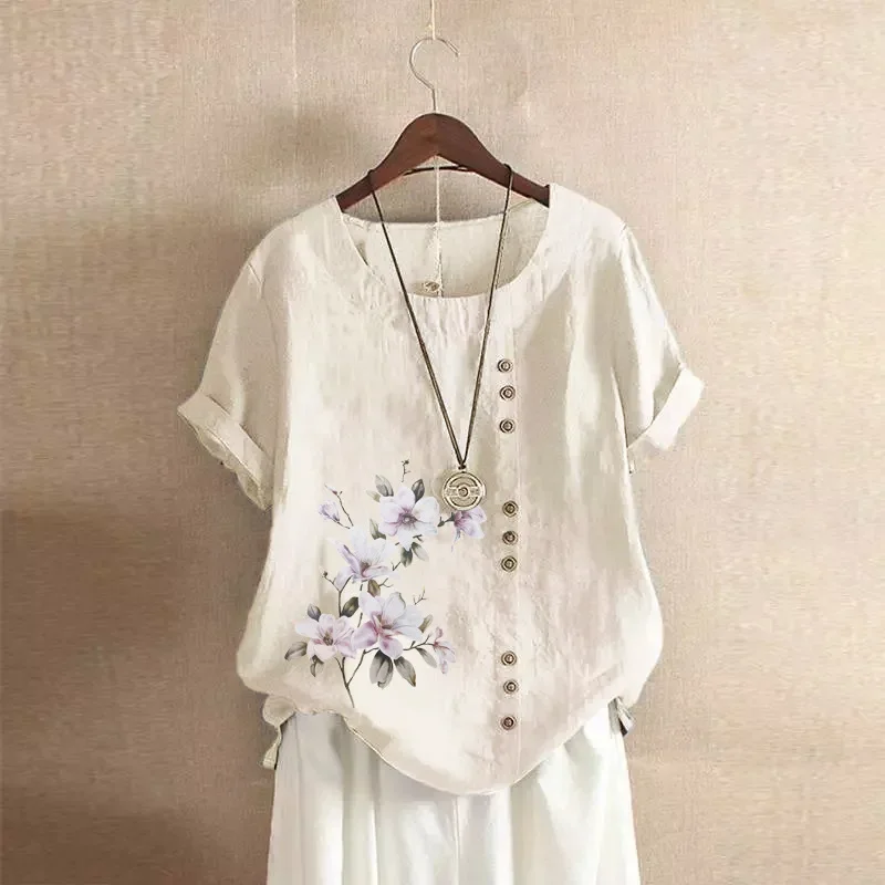 

Vintage Harajuku Button Solid Blouse Casual Summer Short Sleeve Cotton Linen Loose Blouse Elegant Oversize Tee Shirt Streetwear