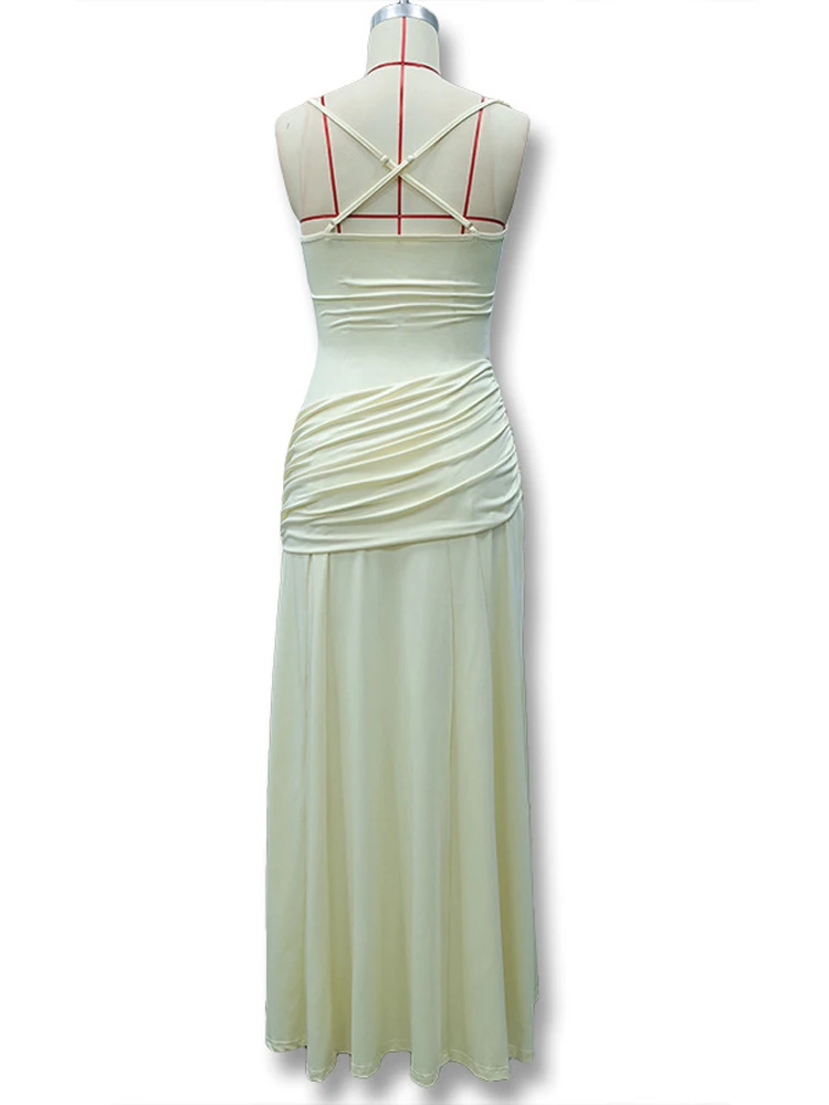 Rückenfreies Taillenschnürendes Slip-Kleid für Damen Sexy Tief Ausgeschnittenes Ärmelloses Plissiertes Schlankes Party-Abendkleid Schickes Damenkleid Neu – Detail 5