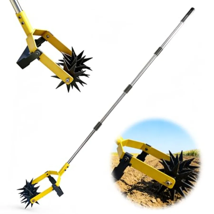 

2-in-1 Garden Rotary Cultivator Tool Adjustable Handle Lawn Tools Hand Rotary Tiller for Loosening Soil and Lawn Care, Reseedin