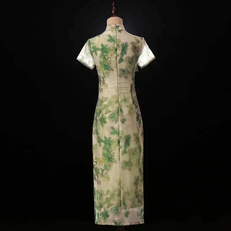2024 Summer New Short Sleeve Long Cheongsam Chinese Green Fashion Qipao Sweet Eleganti Modern Improve Women Vintage Dress