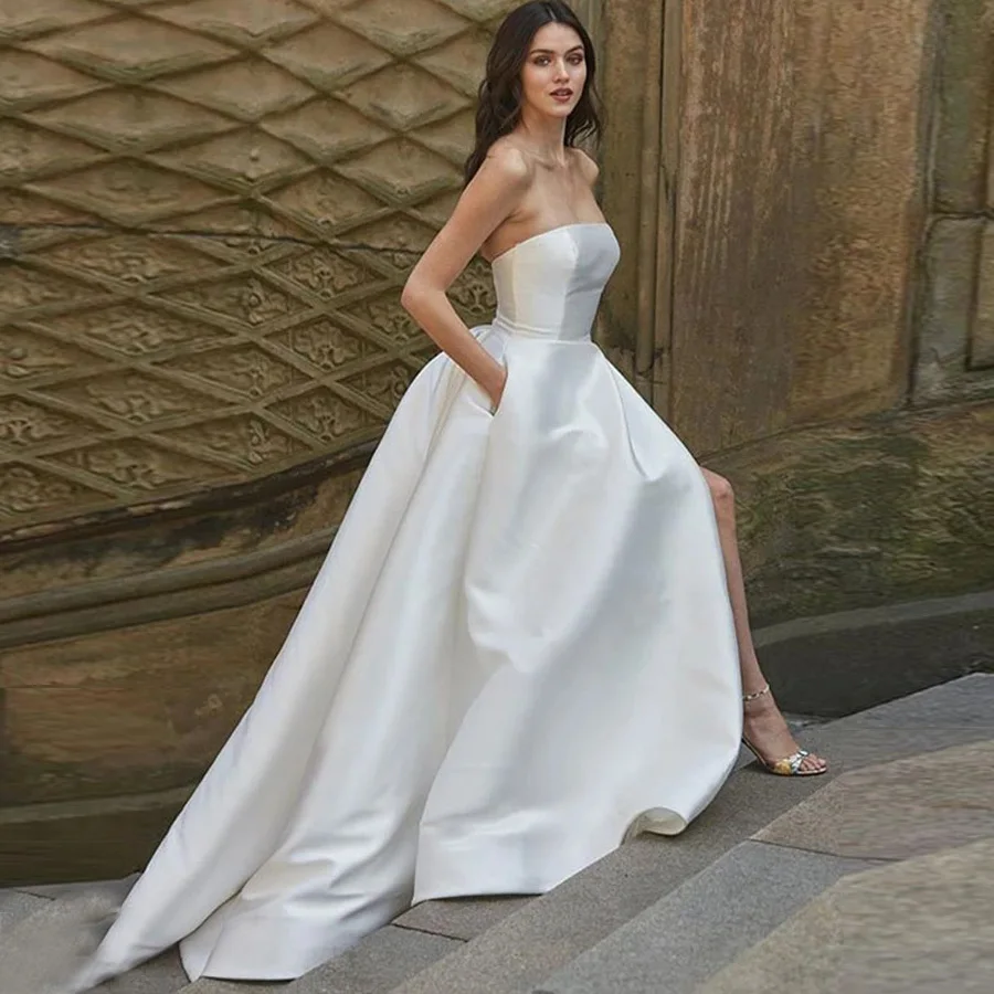 

Customized Strapless Satin Wedding Dresses Custom Made Split Side Bridal Gowns Floor Length Court Train Bridal Dress