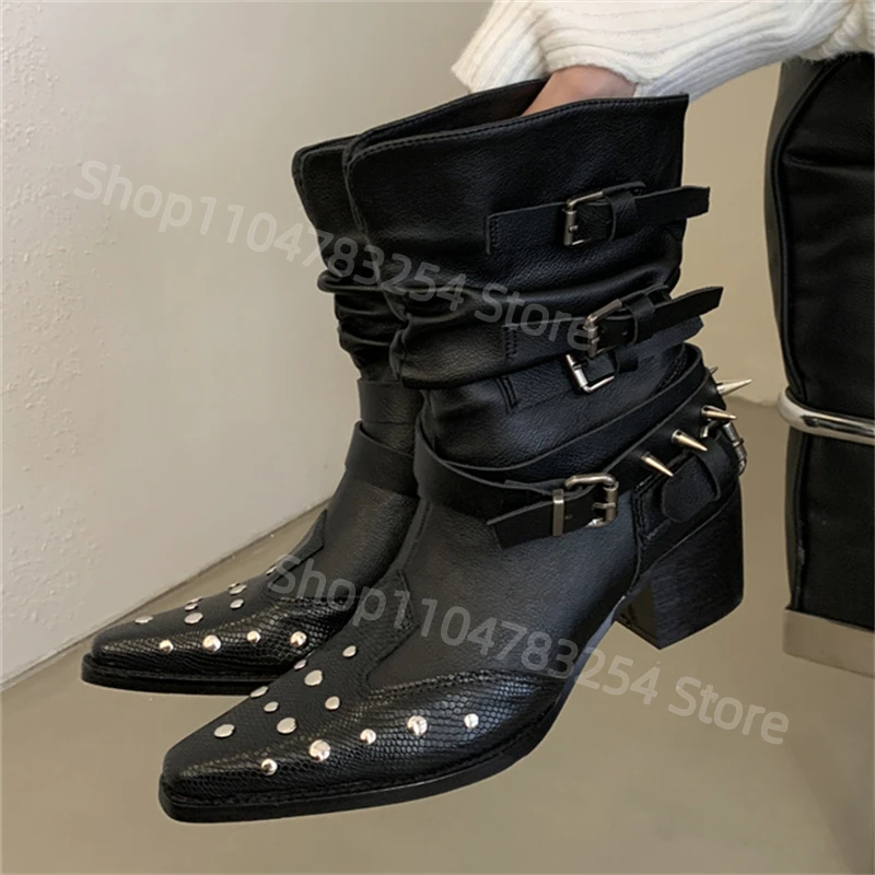 

New Designer Rivet Buckle Strap Women Ankle Boots Punk Style Pointed Toe Thick Low Heels Shoes Fashion Short Botas De Mujer