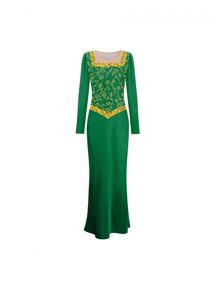 Fsia de Cosplay da Princesa Fiona do Monstro Sek, Vestido Longo Verde, Estilo Escuro, Saia de Poliéster Impra para P...