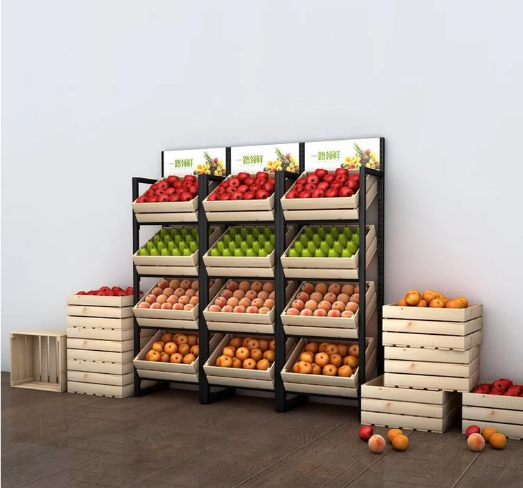 Multi layer solid wood fruit shelf Red wine display shelf Cake shelf Fresh supermarket convenience store shelf