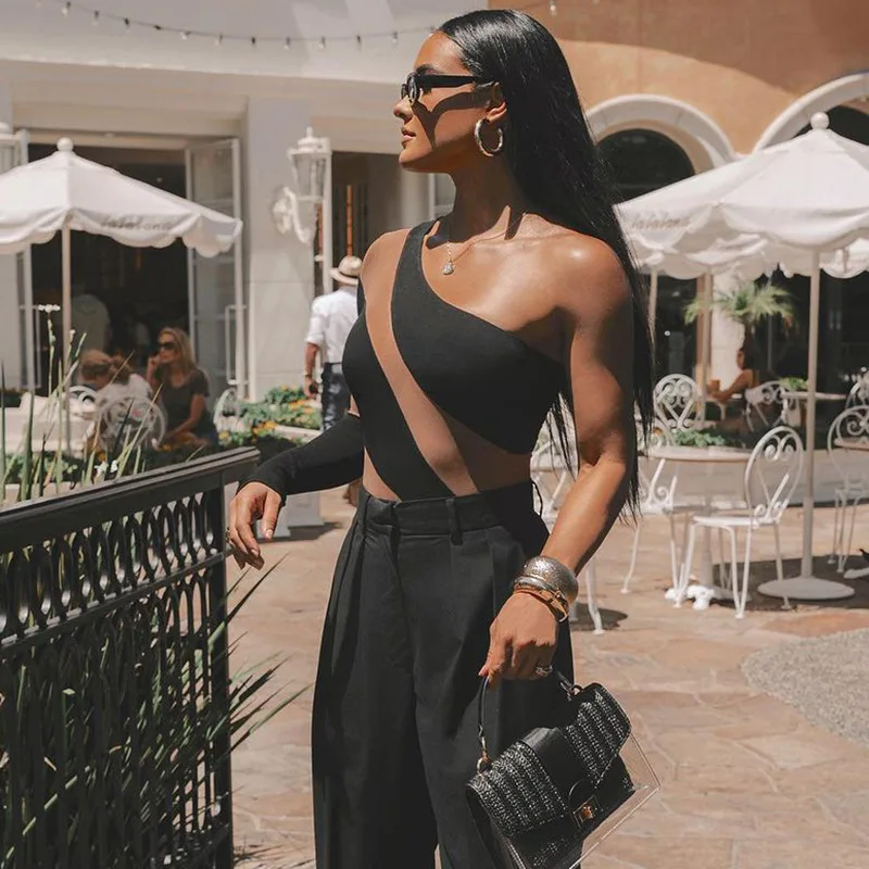 ชุดกระชับสัดส่วนแขนยาวยืดหยุ่นสูงสำหรับผู้หญิง แฟชั่นขายดี เซ็กซี่ สาวฮอต ตัดต่อผ้าซีทรูรัดรูป บอดี้สูท ฤดูใบไม้ร่วง