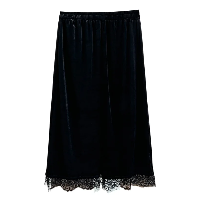 XXXXL موضة حجم كبير التنانير النسائية الجديدة ريترو الدانتيل مخيط القطيفة 2025 الخريف منتصف طول تنورة #1