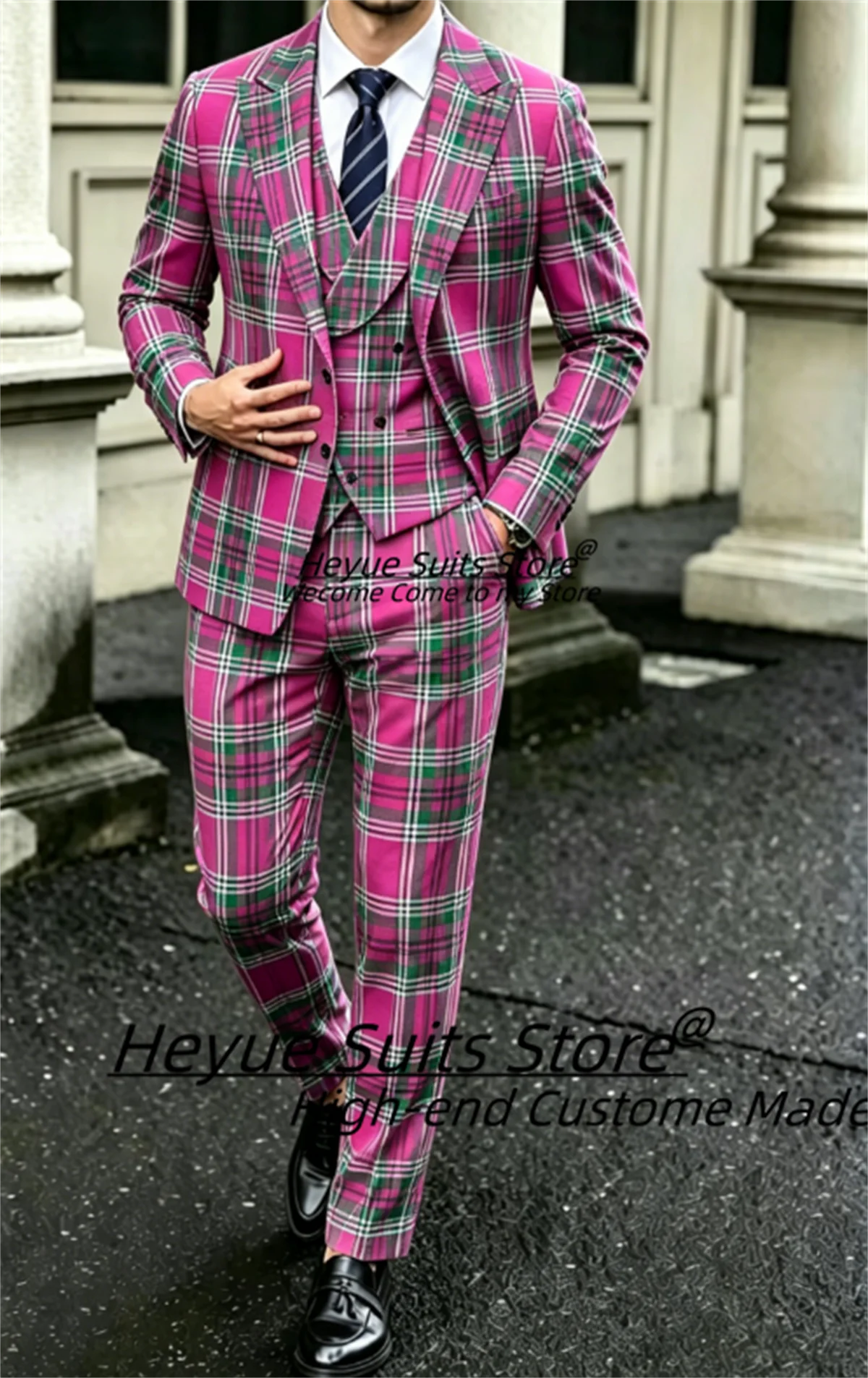 

British Style Casual Men Suits Customized Slim Fit Plaid Peak Lapel Groom Wedding Tuxedos3Pcs Sets Male Prom Blazers Ropa Hombre