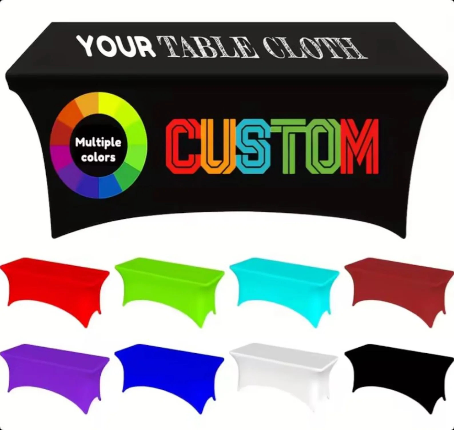 

Custom Printed Spandex Table Cloth Stretch Fitted Cover Personalized Logo Tablecloth Vendor Event Business Trade Craft Show