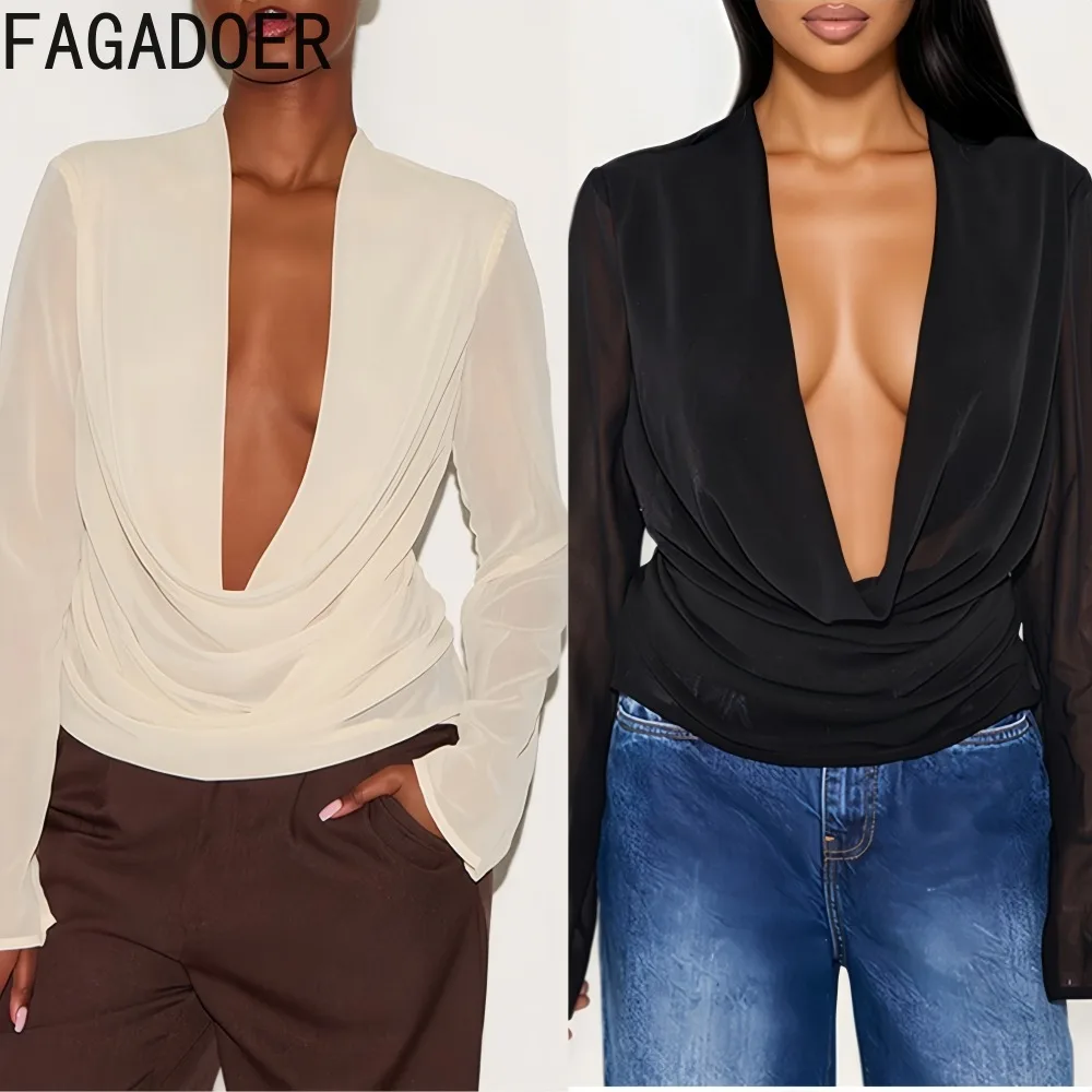 

FAGADOER Sexy Mesh See Through Bodycon T-shirt for Woman Deep V-neck Long Sleeves T-shirt Female Streetwear Autumn New 2025