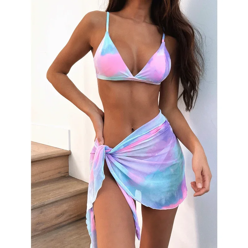 

Women's 3 Piece Bathing Suits Halter Top Tie Side Triangle Bikini Set Sexy Swimsuits with Swim Beach Cover Up Skirt