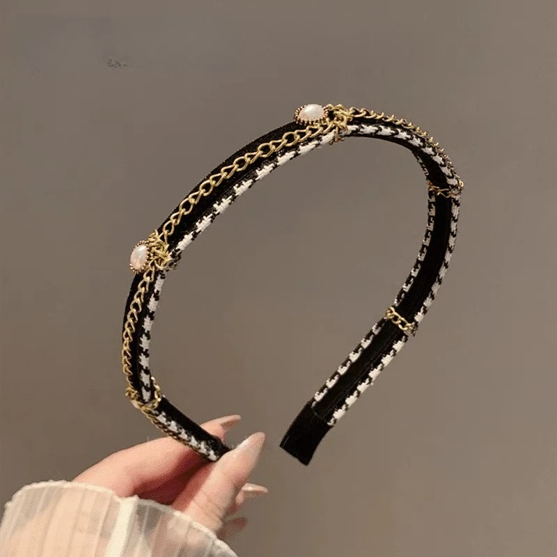 

Good Retro Advanced Plaid with Chain Bezel Hairbands Headbands for Women Girls Vintage Hoop Hair Bands Accessories