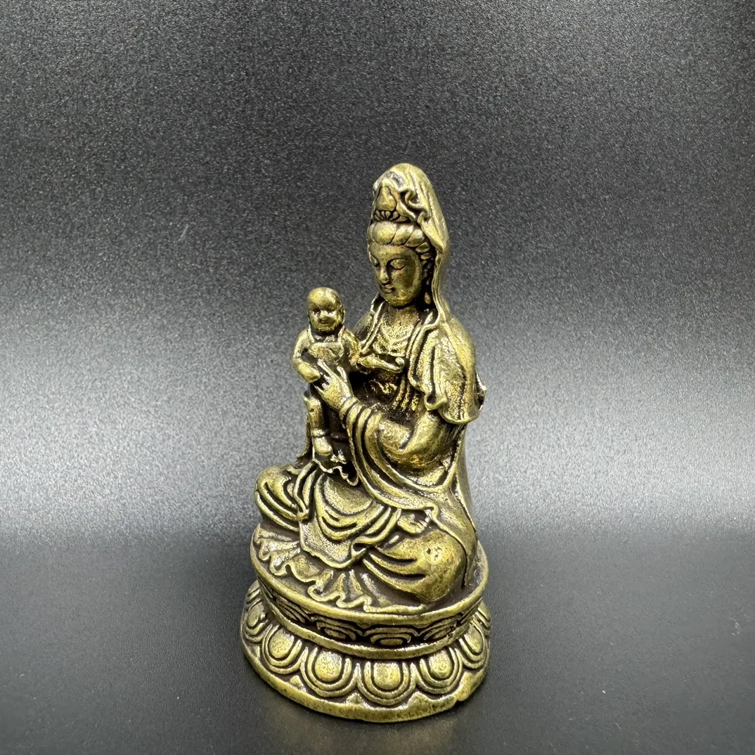 Chinese bronze solid retro brass crafty carving send child Guanyin desk home decoration