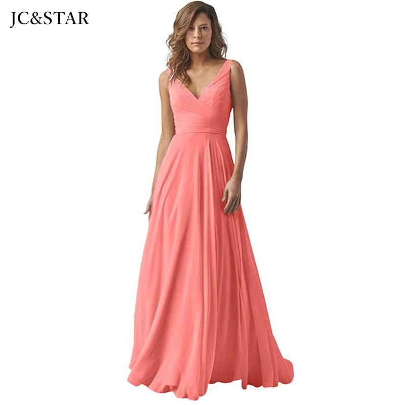 robe de soirée de mariage new chiffon sexy V neck A Line coral color bridesmaid dresses long vestido de fiesta de boda wedding