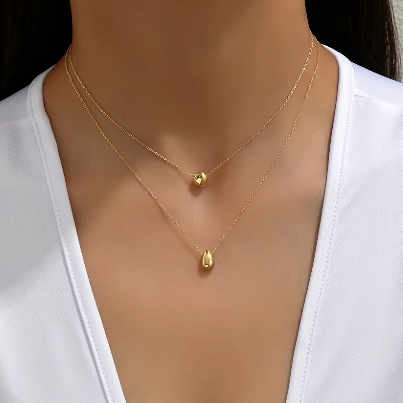 1pc Women's Double-layer Simple Thin Necklace Golden Bean Water Droplet Pendant for Summer Outings, Dances, Dates, Parties, Matching Dresses, Necklaces, Multi-layer Layered Neck Accessories, Gifts for Friends
