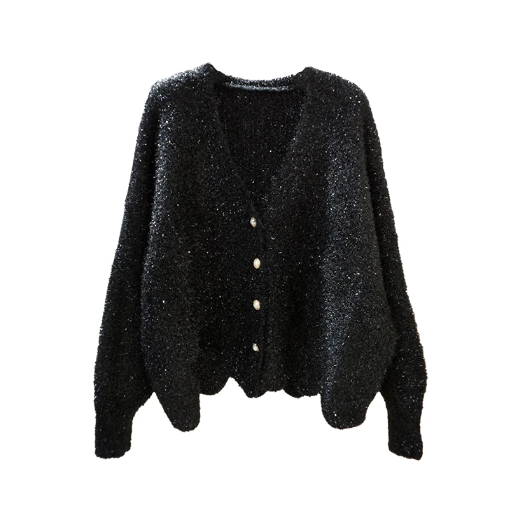 Korean Style V-Neck Short Knitted Loose Sweater Coat Single Button Sparkling Lazy Style Autumn Winter New Arrival Women\'s Fas...