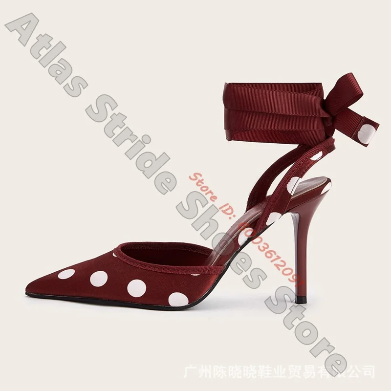 Satin White Polka Dot Pointed Slingback Heels Wide Ribbon Ankle Bow Tie Slim Stiletto Pumps Retro Pin-Up Wedding Sexy Sandals view 5