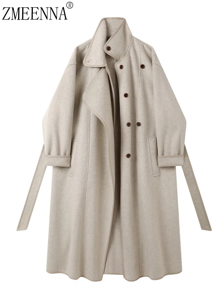 

ZMEENNA Womens Long Wool Blend Coat Oversized Beige High Collar Belted Warm Winter Trench Jacket Single Breasted ZM4279